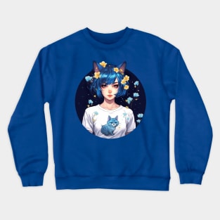 Blue cat anime girl Crewneck Sweatshirt